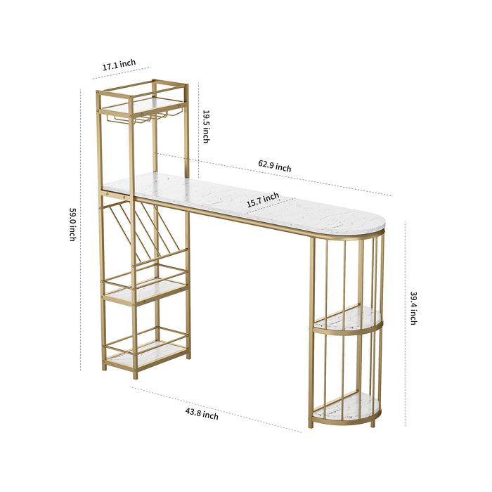 Modern White Kitchen Bar Height Dining Table Wood Breakfast Pub Table With Base With Shelves, Glass Rack, Wine Bottle Rack - White / Gold