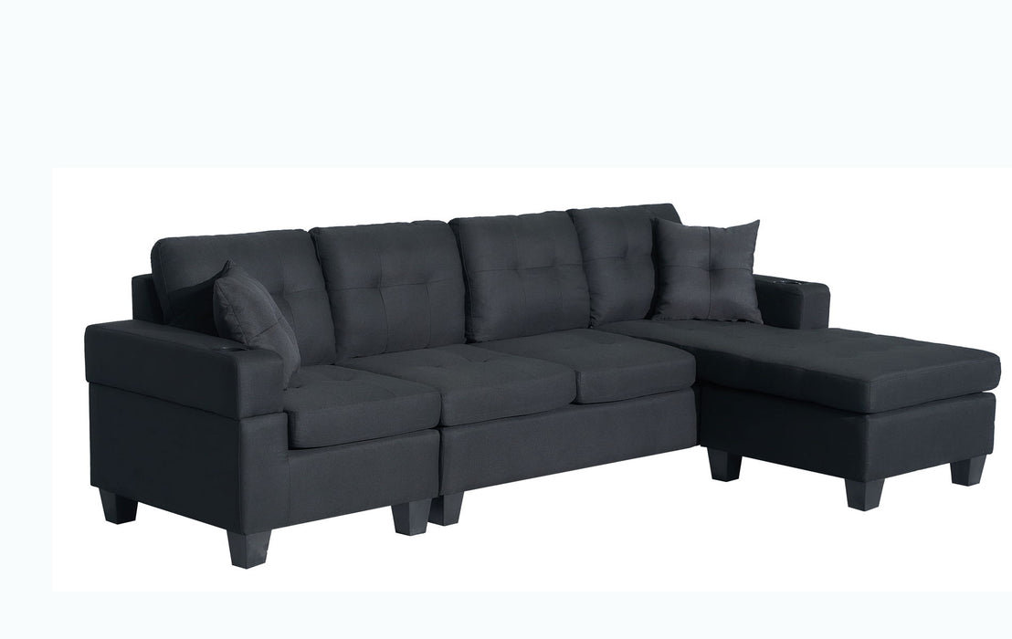 Nala - Wide Fabric Reversible Sectional Sofa With Cupholders And 2 Throw Pillows - Black