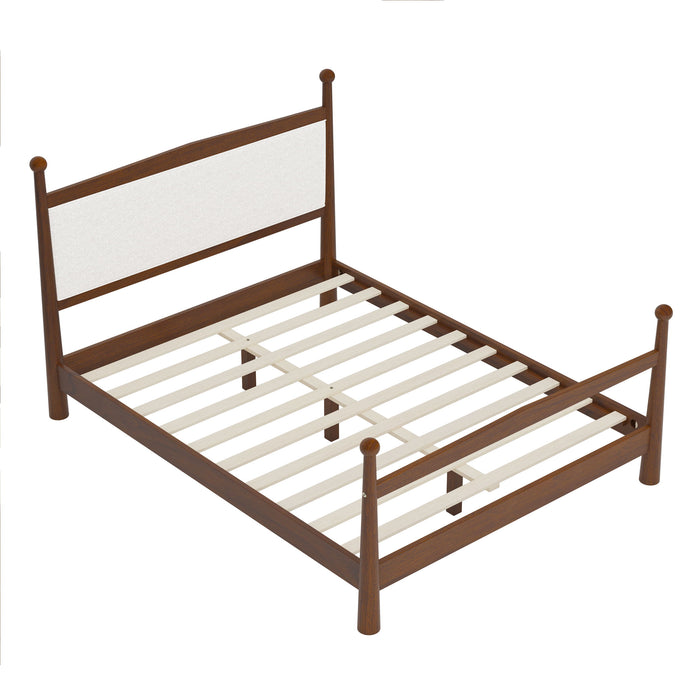 Mid-Century Modern Solid Pine Platform Bed With Upholstered Headboard, No Box Spring Needed