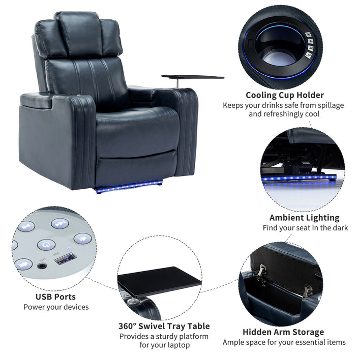 Power Recliner Individual Seat Home Theater Recliner With Cooling Cup Holder - Bluetooth Speaker, Led Lights, USB Ports, Tray Table, Arm Storage For Living Room