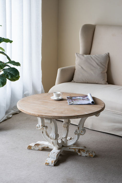 Round Wooden Coffee Table With Distressed Finish And Scrollwork Legs - Multicolor