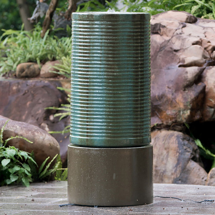 Tall Large Round Ribbed Tower Water Fountain, Verge Bronze, Cement Outdoor Bird Feeder / Bath Fountain