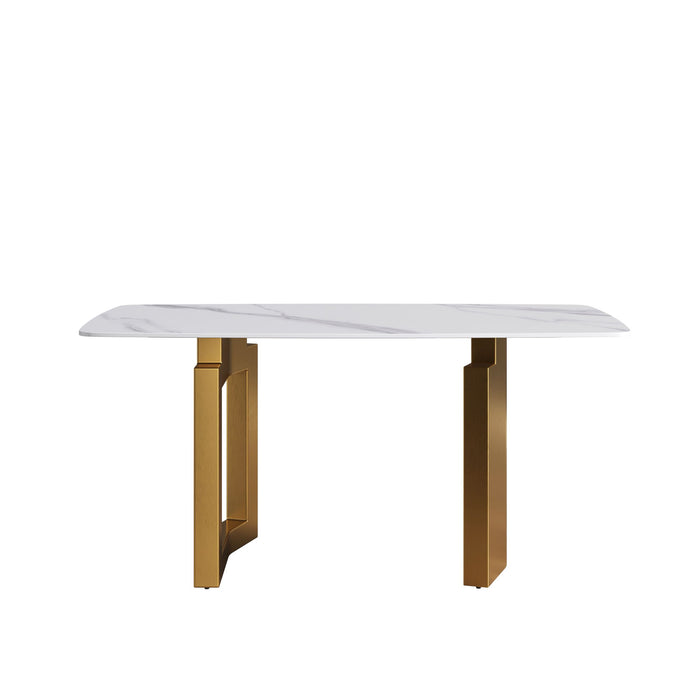 63" Modern Artificial Stone White Curved Golden Metal Leg Dining Table, 6 People - White / Gold