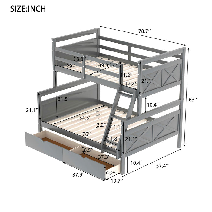 Kids Furniture - Bunk Bed With Ladder, Two Storage Drawers, Safety Guardrail