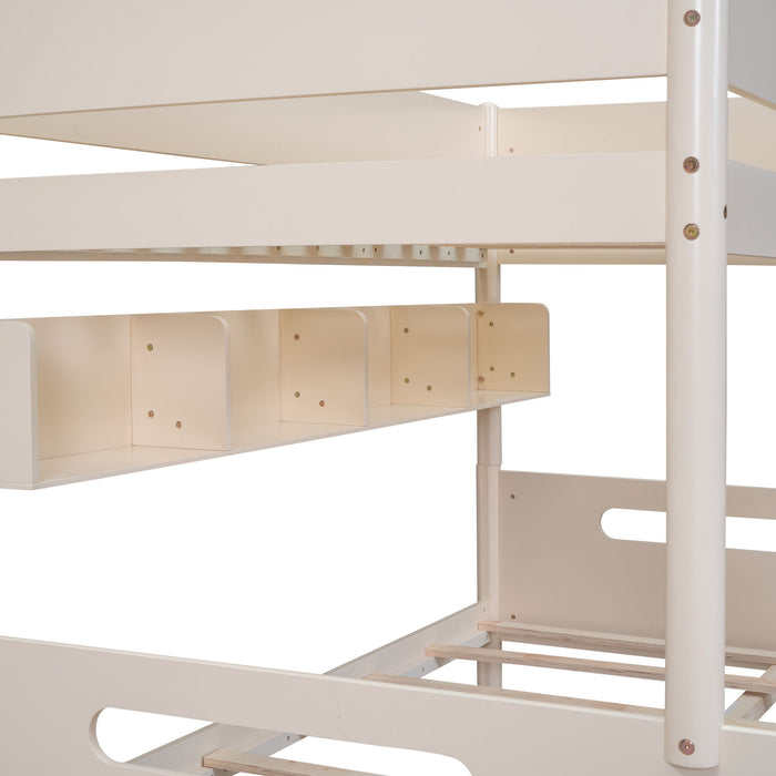 Wood Twin Over Full Bunk Bed With Storage Shelves And Twin Size Trundle - Cream