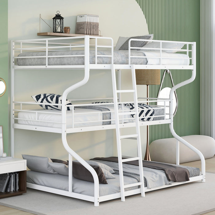 Full Long Over Twin Long Over Queen Size Triple Bunk Bed With Long And Short Ladder - White