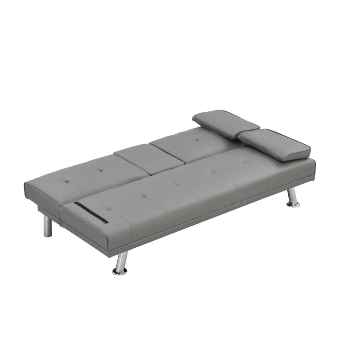 Sofa Bed With Armrest Two Holders Wood Frame, Stainless Leg, Futon Grey Pvc