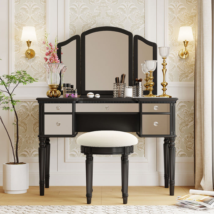 Dressing Table Set With Mirrored Drawers And Stool, Tri-Fold Mirror, Makeup Vanity Set For Bedroom