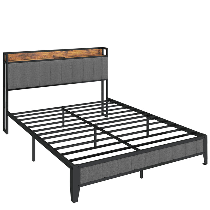 Queen Size Bed Frame with Charging Station, Upholstered Headboard, Metal Platform, Grey