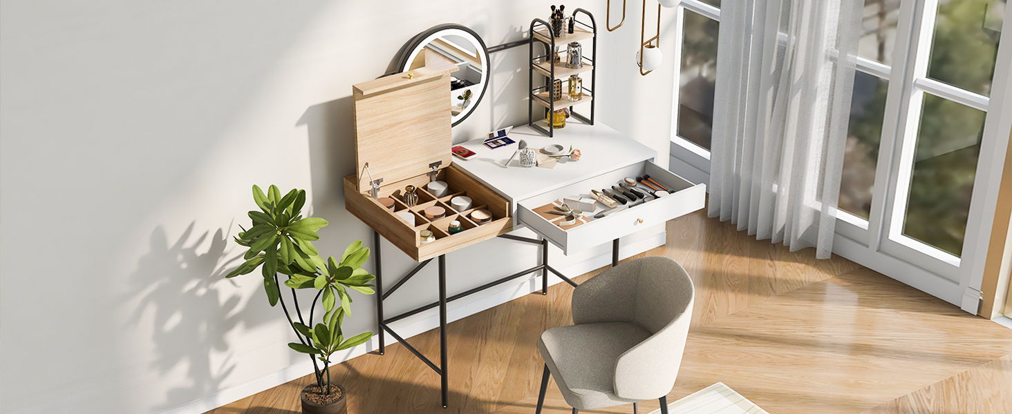 Makeup Vanity Desk With 3-Mode Lighted Mirror & Wireless Charging Station, Vanity Table With Drawer & 3 Open Shelves For Ample Storage Space, Dressing Table For Bedroom