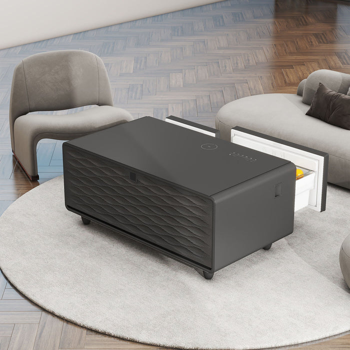 Modern Smart Coffee Table With Built-In Fridge - Bluetooth Speaker, Wireless Charging, Touch Control Panel, USB Interface, Outlet Protection, Atmosphere Light - Black