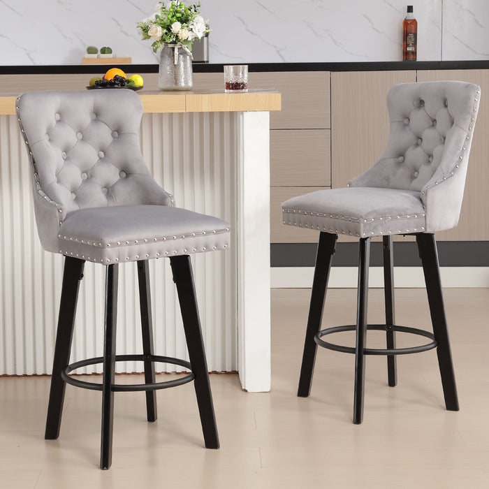 Ts - Modern Swivel Bar Stool Velvet Barstools Button Tufted Bar Stools Rivet Trim Bar Stools For Kitchen Island, Bistro, With Metal Pull Ring Sturdy Footrest Large Backrest For Home Bar