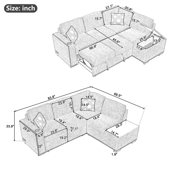 Sectional Pull-Out Sofa Bed L-Shaped Corner Sofa Couch With Storage Chaise, USB Ports, Power Sockets, Cup Holder For Living Room, Bedroom, Study