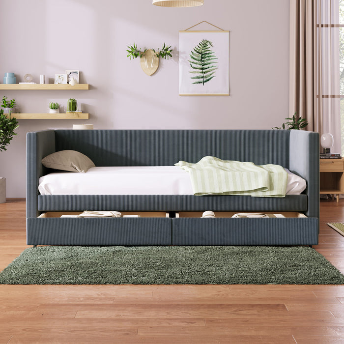 Twin Size Corduroy Daybed With Two Drawers And Wood Slat