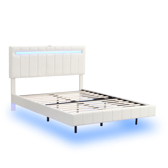 Queen Size Floating Bed Frame With LED Lights And USB Charging, Modern Upholstered Platform LED Bed Frame - White