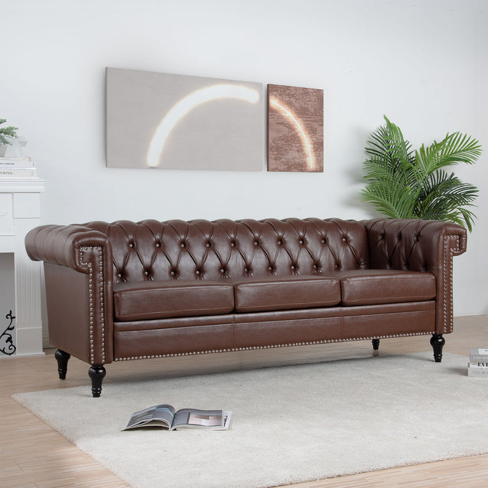 83.66" Width Traditional Square Arm Removable Cushion 3 Seater Sofa - Dark Brown