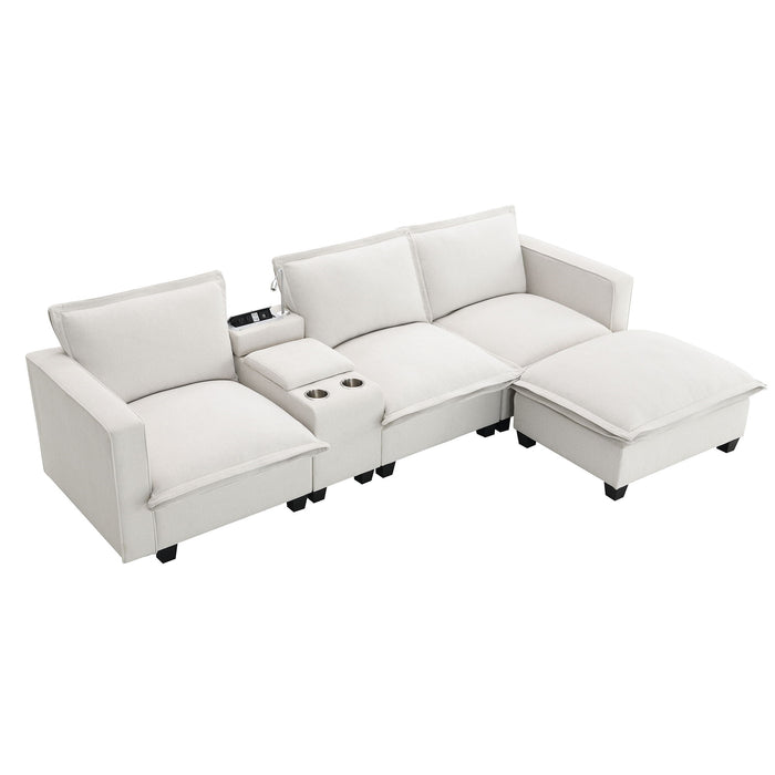 Modern Sectional Cloud Sofa With Console USB Charger Reading Light Cup Holder, Wide Seat 4 Seat Modular Couch Storable Indoor Funiture