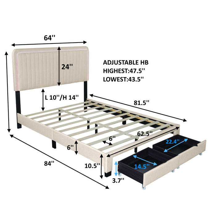 Upholstered Bed With Adjustable Height / Mattress / LED Design With Footboard Drawers Storage / No Box Spring Required