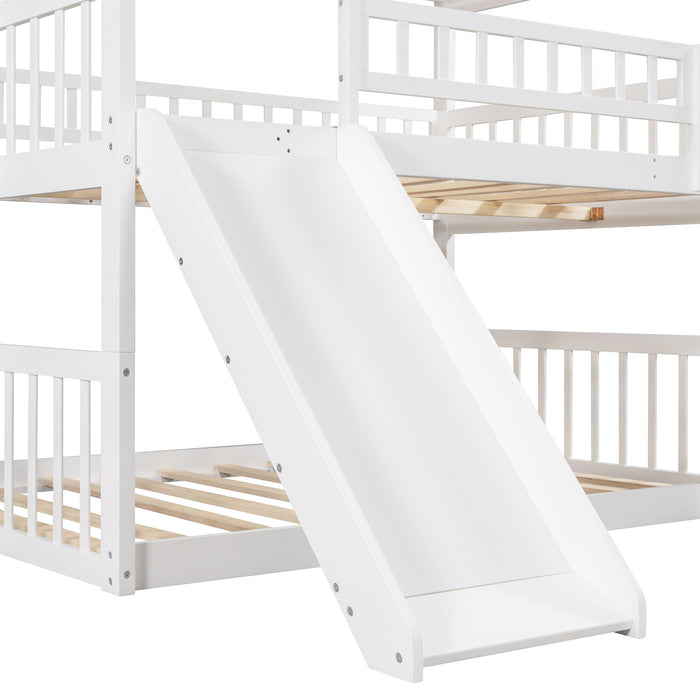 Full Over Full Over Full Triple Bed With Built In Ladder And Slide, Triple Bunk Bed With Guardrails - White