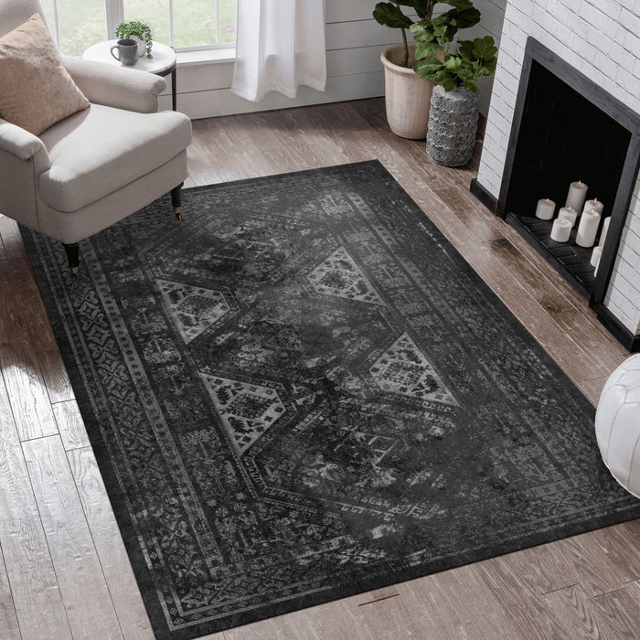 9' x 12' Area Rug, Washable Rug, Low-Pile, Non-Slip, Non-Shedding, Foldable, Kid & Pet Friendly Area Rugs For Living Room, Bedroom, Kitchen, Dining Room Rug, Perfect Gifts - Black / Gray