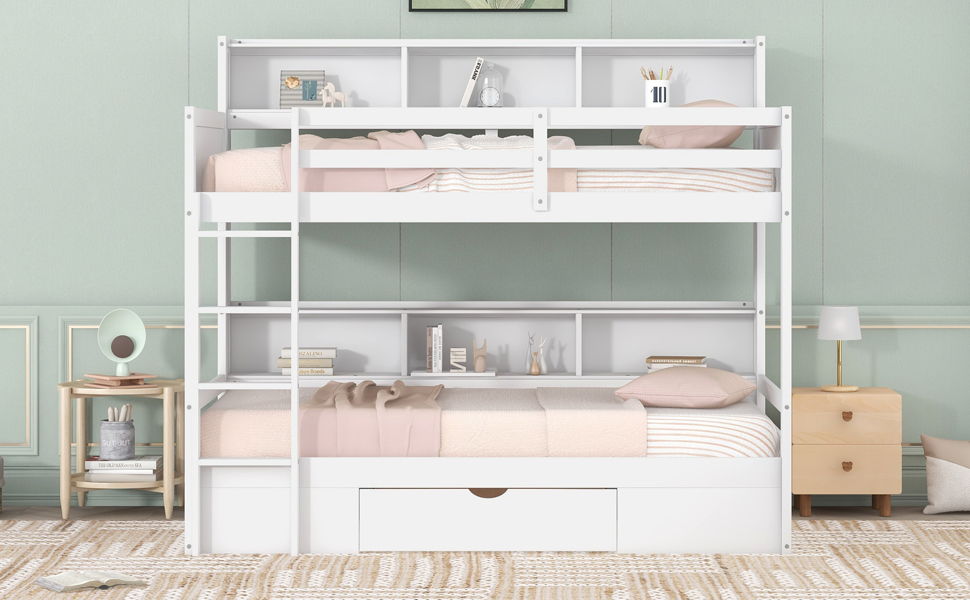Kids Furniture - Bunk Bed With Built-In Shelves Beside Both Upper And Down Bed And Storage Drawer