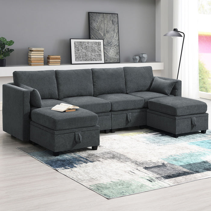 Chenille Modular Sectional Sofa, U Shaped Couch With Adjustable Armrests And Backrests, 6 Seat Reversible Sofa Bed With Storage Seats For Living Room, Apartment