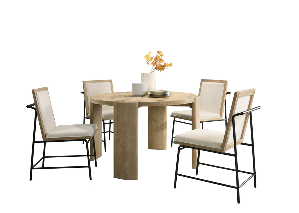 Bowen - Round Dining Table With Cream Color Upholstered Chairs (Set of 5) - Oak Finish