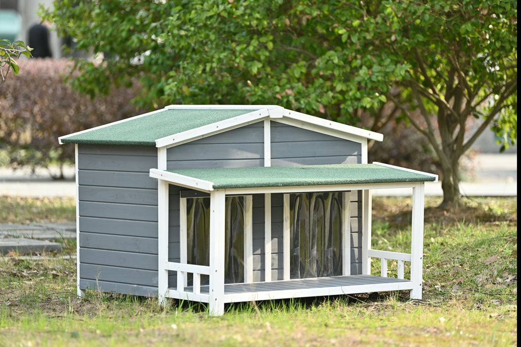 Go 47.2" Large Wooden Dog House Outdoor, Outdoor & Indoor Dog Crate, Cabin Style, With Porch, 2 Doors, Gray And Green