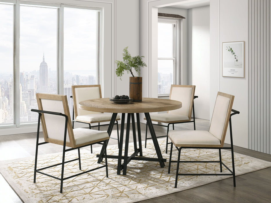 Tate - Round Dining Table With Cream Color Upholstered Chairs (Set of 5) - Oak Finish