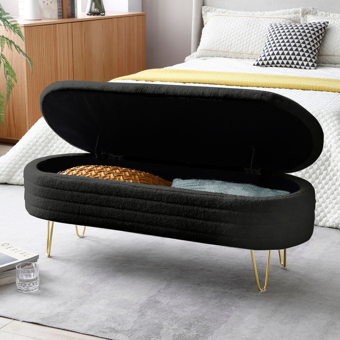 Upholstered Teddy Fabric Oval Storage Bench With Gold Legs End Of Bed