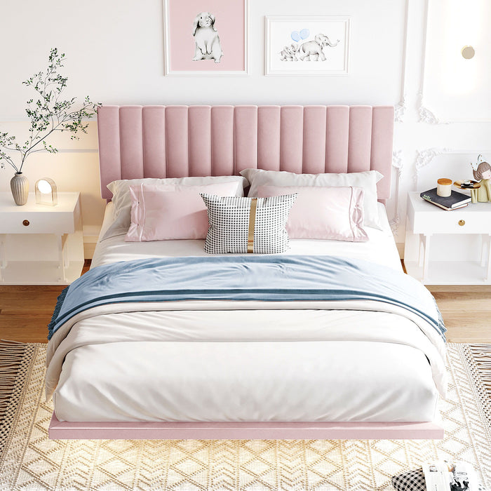 Queen Size Upholstered Bed With Sensor Light And Headboard, Floating Velvet Platform Bed - Pink