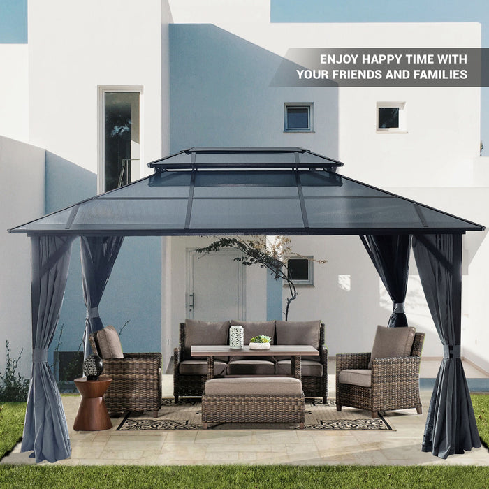 10'X13' Hardtop Gazebo, Outdoor Polycarbonate Double Roof Canopy, Aluminum Frame Permanent Pavilion With Curtains And Netting, Sunshade For Garden, Patio, Lawns - Black