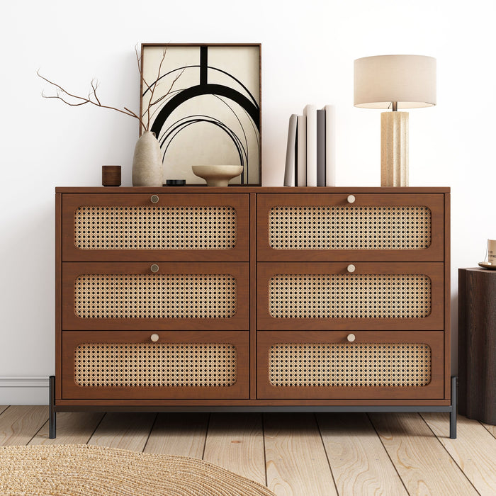 Modern Cannage Rattan Wood Closet 6 Drawer Dresser Wood Storage Cabinet Sideboard For Bedroom, Living Room, Entryway, Hallway