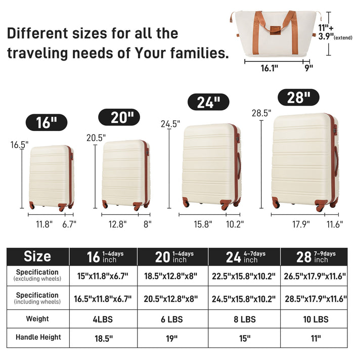 Hardshell Luggage Sets 4 Pieces + Bag Spinner Suitcase With Tsa Lock Lightweight - 16" / 20" / 24" / 28" Luggages