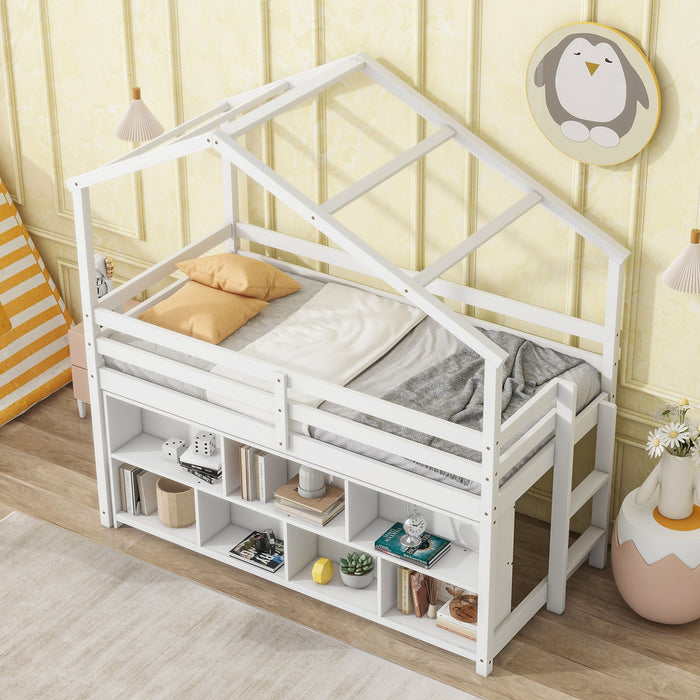 Twin House Loft Bed With Roof Frame, Under Bed Shelving Storage Unit, Guardrails, Ladder - White