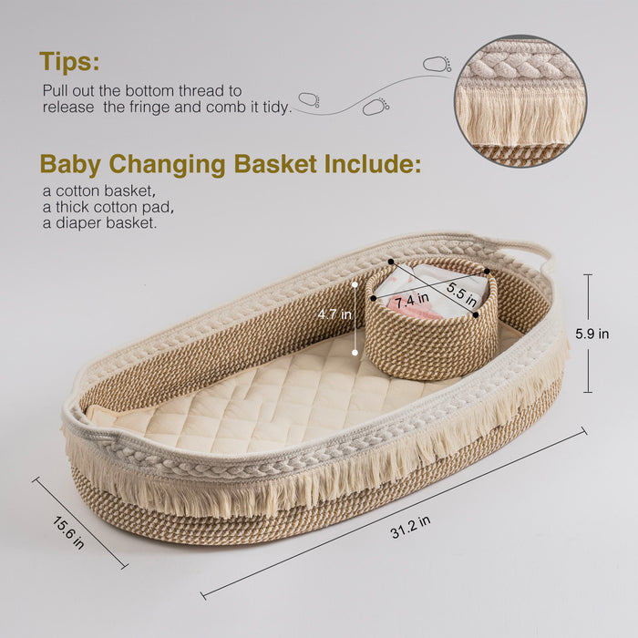 Baby Changing Basket, Handmade Woven Cotton Rope Moses Basket, Changing Table Top per With Mattress Pad (White & Brown)