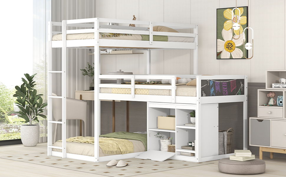 L-Shaped Wood Triple Twin Size Bunk Bed With Storage Cabinet And Blackboard, Ladder - White