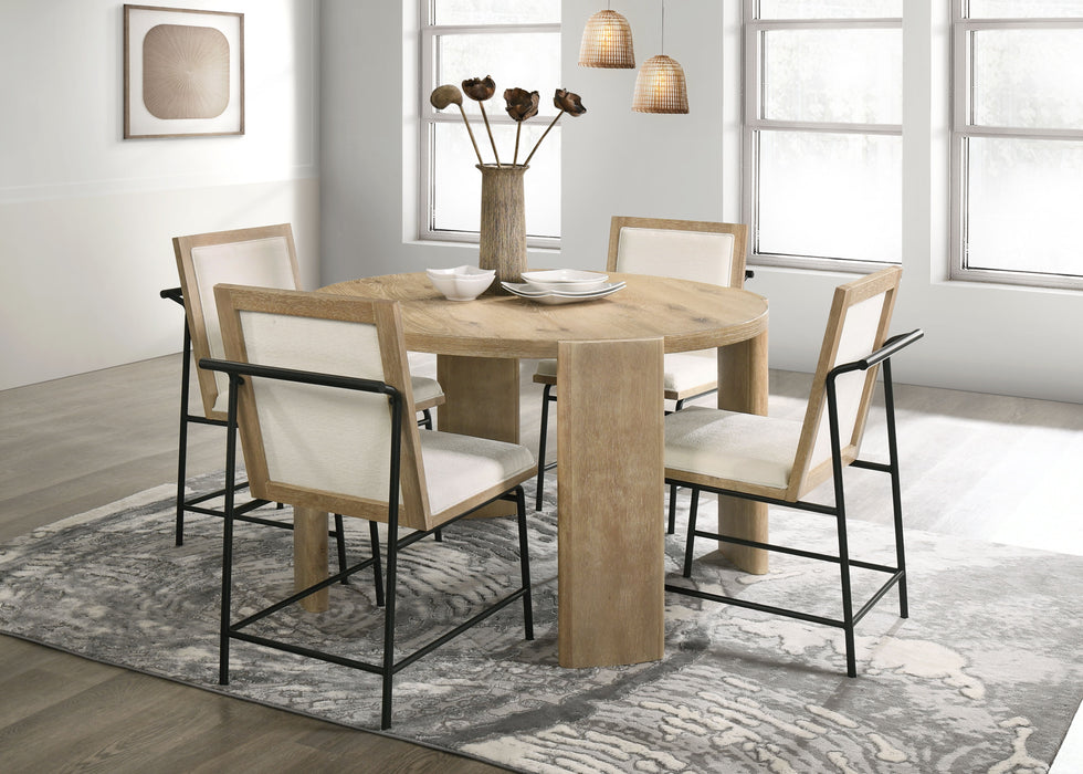 Bowen - Round Dining Table With Cream Color Upholstered Chairs (Set of 5) - Oak Finish