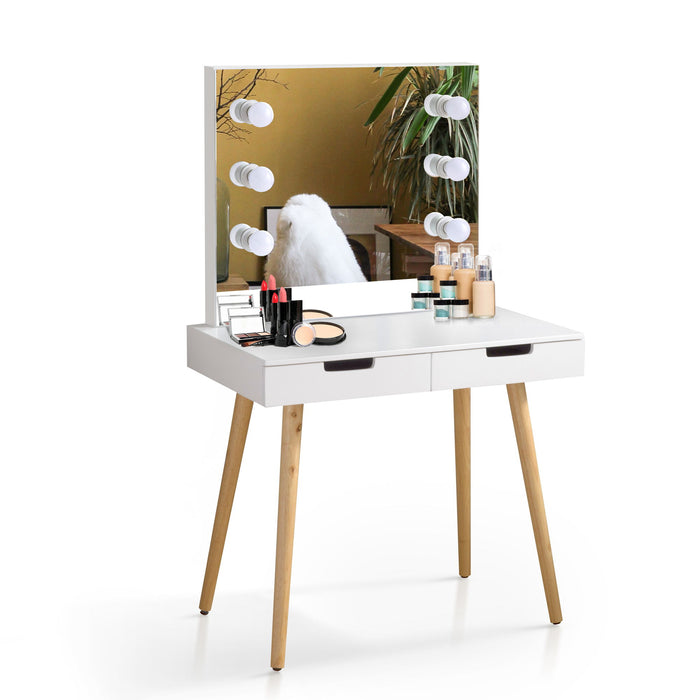 Wooden Vanity Table Makeup Dressing Desk With LED Light, Dressing Table With USB Port, White