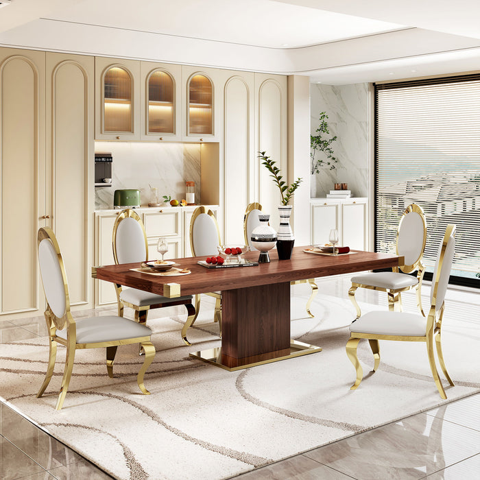 MDF Top Dining Table With Gold Finish Corner, MDF Pillar And Gold Finish Stainless Steel Base