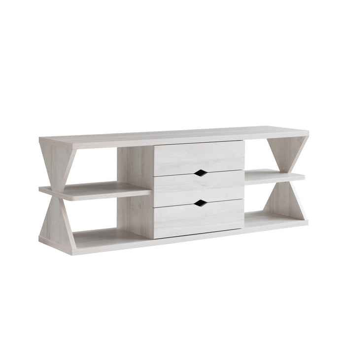 Modern TV Stand With Four Open Shelves And Three Storage Drawers - White Oak
