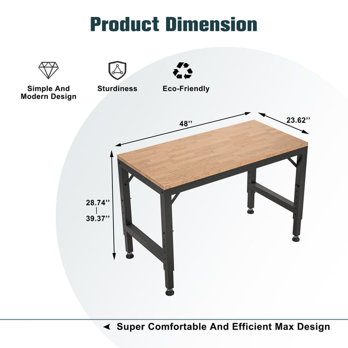 Heavy Duty Adjustable Workbench For Garage, Rubber Wood Shop Table WithRubber Pads, Hardwood Workstation Weight Capacity Over 2000 Lbs - Black