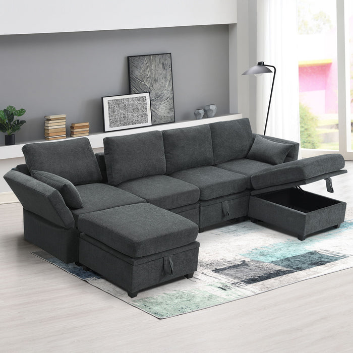 Chenille Modular Sectional Sofa, U Shaped Couch With Adjustable Armrests And Backrests, 6 Seat Reversible Sofa Bed With Storage Seats For Living Room, Apartment