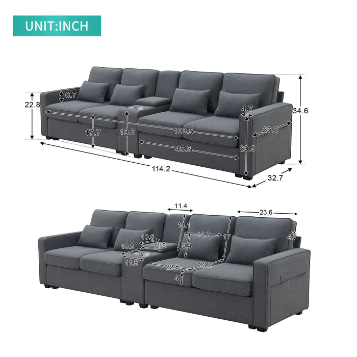 Upholstered Sofa With Console, 2 Cupholders And 2 USB Ports Wired Or Wirelessly Charged, Modern Linen Fabric Couches With 4 Pillows For Living Room, Apartment (4-Seat)