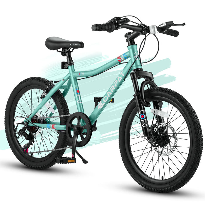 S20101 20" Kids' Bike, Boys Girls Mountain Bike Ages 8-12, 7 Speed Teenager Children Kids' Bicycles, Front Suspension Disc Brake Rear V-Brake, High Steel Frame - Green