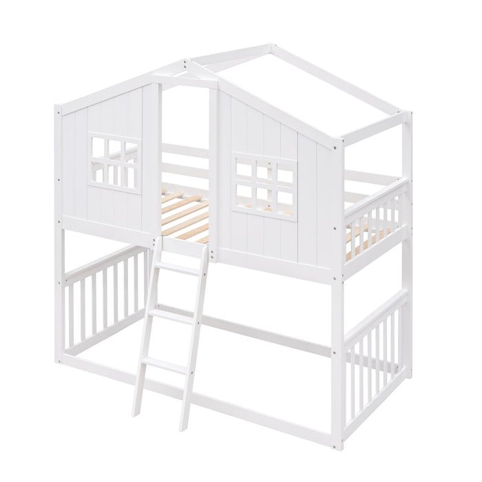Kids Furniture - House Bunk Bed With Ladder, Wood Bed