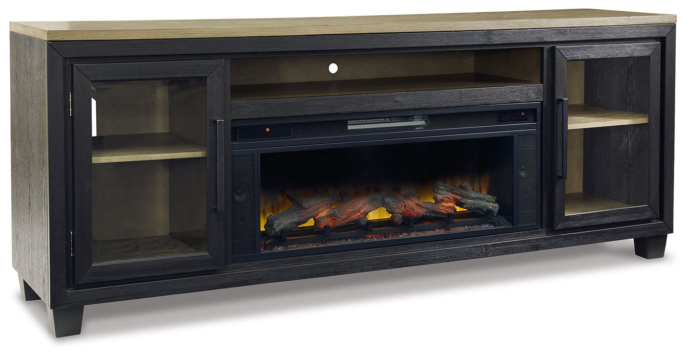 Foyland - Negro / Marrón - Mueble para TV de 83" con inserto de chimenea eléctrica por infrarrojos