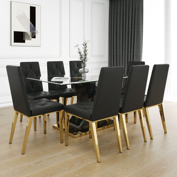 Modern Style Glass Dining Table, Elegant Transparent Design, Solid Support Base, Black Dining Chair Set, Gold-Plated Chair Legs, Suitable For Restaurant Kitchens