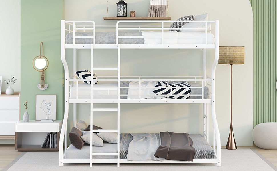 Full Long Over Twin Long Over Queen, Triple Bunk Bed With Long And Short Ladder - White