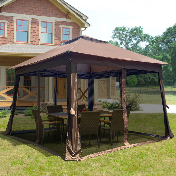 Outdoor 11X11Ft Pop Up Gazebo Canopy With Removable Zipper Netting, 2-Tier Soft Top Event Tent, Suitable For Patio Backyard Garden Camping Area With 4 Sandbags, Brown